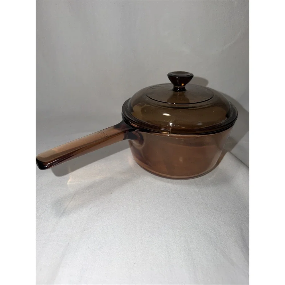 VTG Vision Corning Ware USA 1L Amber Glass Sauce Pan Pot Pour Spout With LID